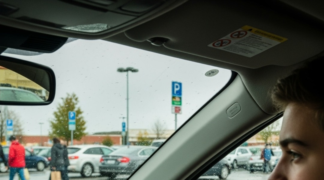 Teen driving in busy parking lot